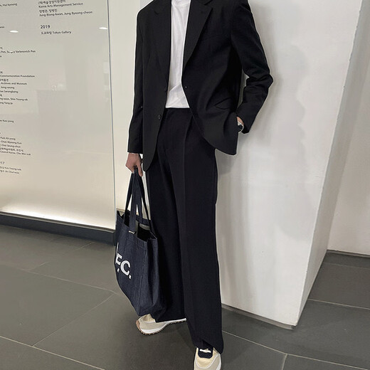 Xinghelai blazer men's Korean style business casual suit black shoulder pad small suit handsome boy trendy black shoulder pad jacket + small pants XL 125-140Jin Jin equals 0.5 kg