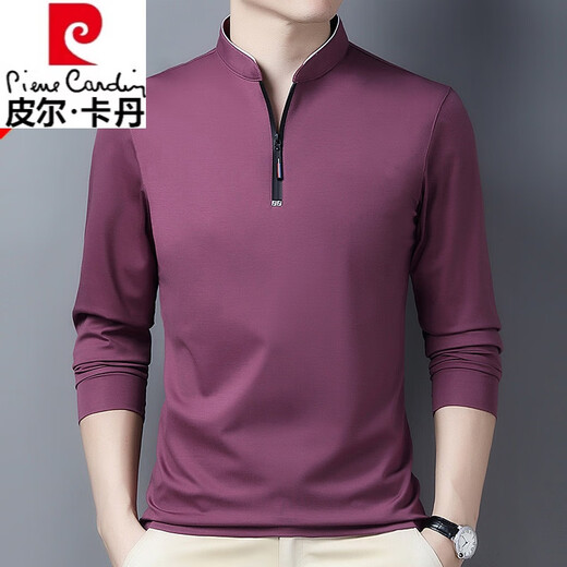
Pierre cardin high-end pure cotton long-sleeved T-shirt for men's new zippered stand collar middle-aged and young large size knitted comfortable polo. Shirt trendy long sleeves 6625 rose red thin model M 165 suggestion 120 Jin [Jin equals 0.5 kg]