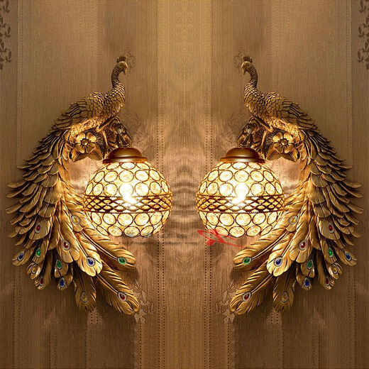 Yaotian Southeast Asia Peacock Wall Lamp French Pastoral Bedside Bedside Lamp Lobby Bar Lamp European Living Room Background Wall Lamp Antique Gold (Pair + LED Bulb)