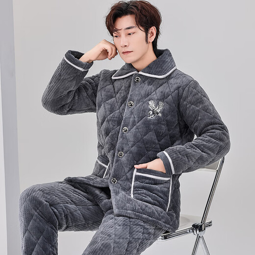 轩朵淇男士睡衣秋冬季加厚加绒珊瑚绒三层夹棉保暖中青年家居服套装冬款 C9901#黑灰色男【牛奶绒】 L(100-125斤)三层加厚