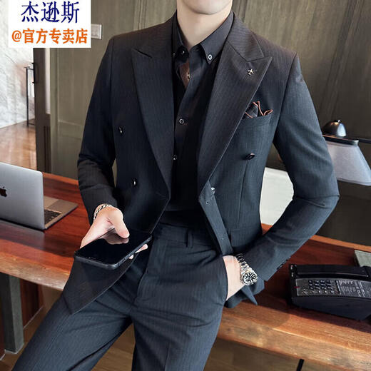 Jason's Double Breasted Suit Men's Three Piece Slim Groom Wedding Dress Complete Business Casual Suit Jacket Medium Gray (Single Suit) 4XL (Suitable for 155-170 Jin Jin equals 0.5 kg)