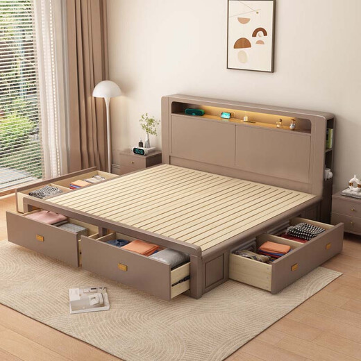 
Yu Feiqi Nordic Solid Wood Bed Double Bed Multi-function High Box Night Light Storage Charging Bed 9901# Bed + Environmentally friendly Brown Pad [0 Glue] 1.5*2.0m (high box with tail withdrawal)