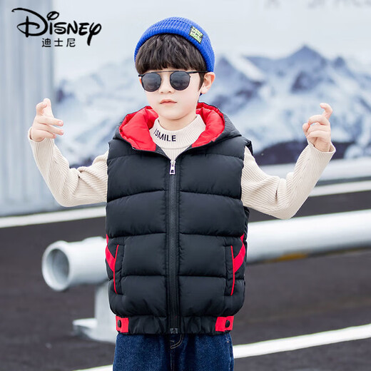 Disney boys down cotton vest outer wear 5 vest 6 autumn and winter 7 child boy vest thickened jacket 8 years old style black (21 color hooded vest) 140 size (recommended height is about 130)