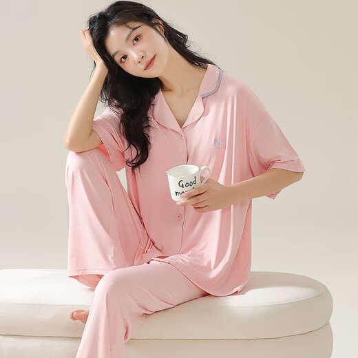 莫代尔女士睡衣夏2025新款冰丝短袖长裤开衫韩版夏天薄款宽松家居服 09M12109 M