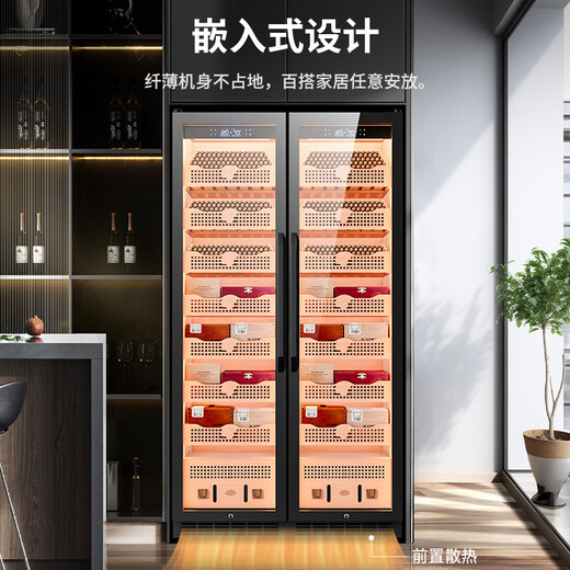 CIGARLOONG 408C cigar cabinet with constant temperature and humidity, cedar wood lining, choleric water, ionized ammonia removal and moisturizing cabinet, smart WiFi remote control compressor, cigar cabinet, constant temperature and humidity control, cigar cabinet, 2m large double door, black, purified ammonia + WiFi + cedar wood liner and shelf, thin section