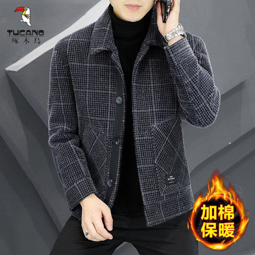 Woodpecker (TUCANO) Woolen Jacket Men's 2025 New Lapel Casual Jacket Autumn and Winter Business Woolen Tops Plus Velvet Thickened Trendy Khaki Thickened Velvet 2XL Recommended 130-145Jin Jin equals 0.5 kg