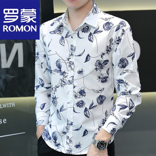 罗蒙（ROMON）印花衬衫男长袖青年花卉图案薄款修身时尚痞帅休闲碎花衬衣潮 723灰色 XL 120-133斤