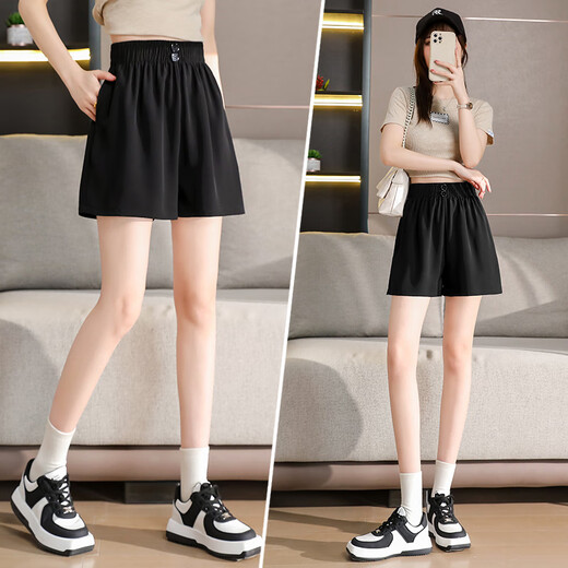 Magical style new summer elastic waist shorts for women casual loose high waist A-line slimming versatile wide-leg shorts 826 black XL
