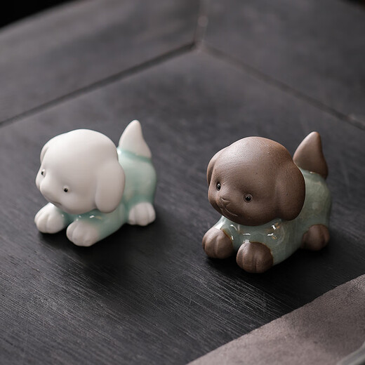 Bamboo celadon cute puppy tea pet ornaments tea set accessories creative ceramic handmade zodiac cute dog tea table decoration can be raised Xiaowangcai-Ge Kiln
