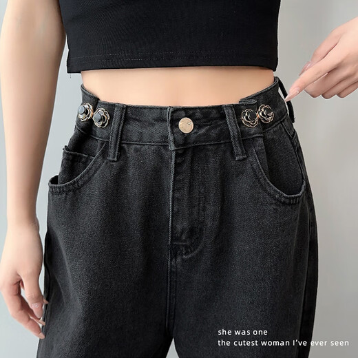 Pretty 3-year-old jeans, waist tightening tool, pants size adjustment buckle, waist tightening pin, waist size change, fixed elastic button, black camellia, two pairs