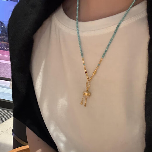 Allied gold six-word motto pendant for women new pure gold 999 turquoise necklace clavicle chain for girlfriend gold gold rotating turquoise necklace gold weight about 12