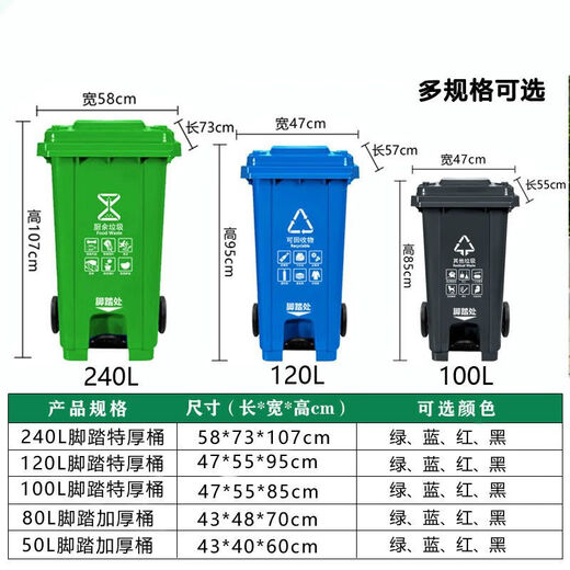派普硕环卫分类脚踏垃圾桶240升 户外大型120L脚踩式四色塑料物业挂车桶