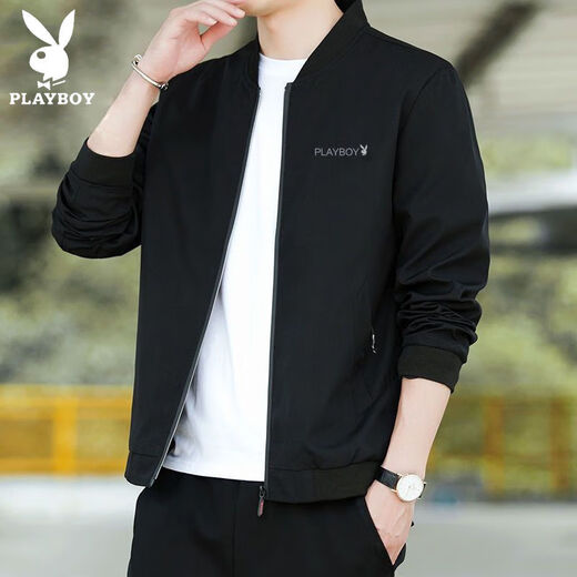 Playboy New Men's Jacket Spring and Autumn Jacket Men's Casual Slim Top Thin Breathable Baseball Uniform Work Wear Trendy and Versatile 2030 Black (Spring and Autumn Style) XL 120-135Jin Jin is equal to 0.5 kg
