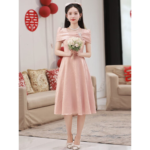 Lanka Roni high-end art exam evening dress female pink petite French niche engagement dress bridesmaid dress can be worn at ordinary times pink S (recommended 86-95Jin Jin equals 0.5 kg)