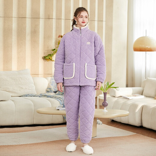 Fenton Couple Pajamas Autumn and Winter Zippered Long Sleeves Anti-static Imitation Sheep Velvet Quilted Warm Home Wear Pajamas Lavender Purple-Women's L