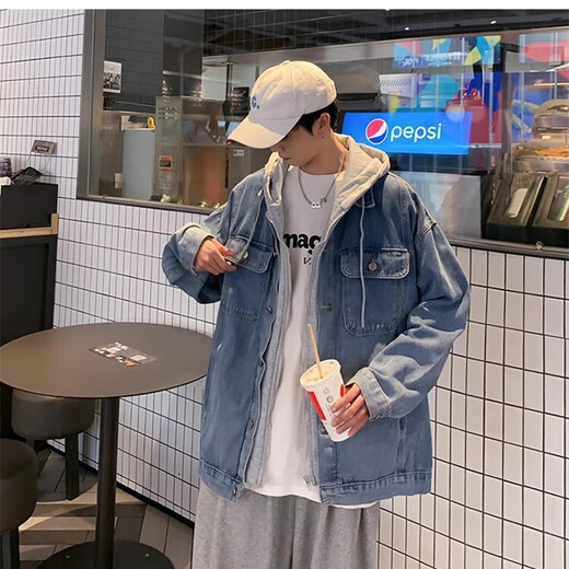 Yiran presents a handsome denim jacket for men in spring and autumn, trendy brand, retro hooded, loose, versatile, trendy, Korean version, fake two-piece jacket for men, blue L, recommended 120-135 Jin Jin is equal to 0.5 kg