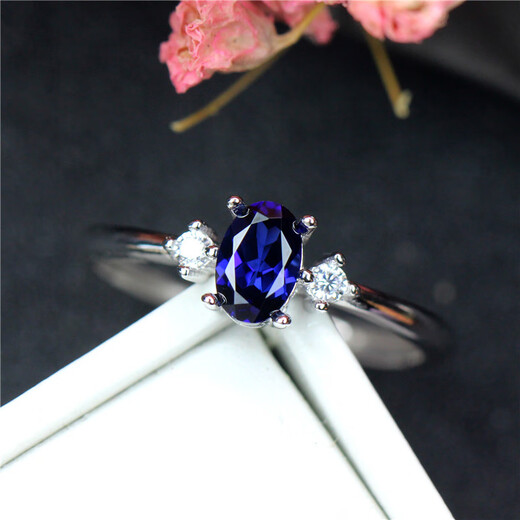 DL 1998 Tanzanite sapphire 50 points blue women's ring, thin fashionable silver Korean style jewelry, personalized with diamonds, silver live mouth (main stone 4X6mm) C0