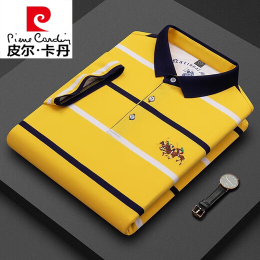 皮尔卡丹（pierre cardin）冰丝POLO衫翻领短袖t恤男士上衣时尚潮流品牌高端纯棉刺绣T恤衫 白色条纹【3882款】 L 50/175