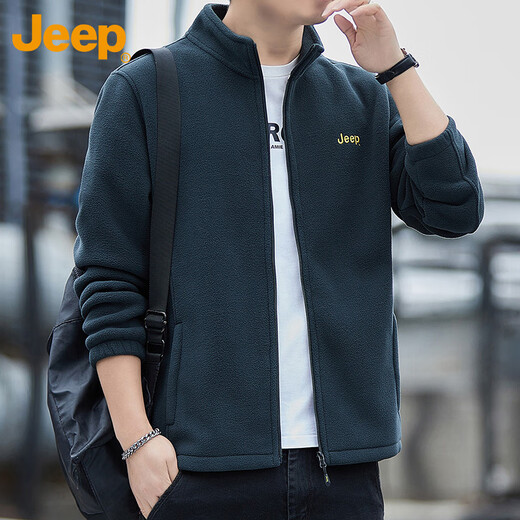 JEEP Sweater Men's Autumn and Winter Polar Fleece Thickened Warm Cardigan Jacket Men's Loose Stand Collar Men's Gray Green 2XL