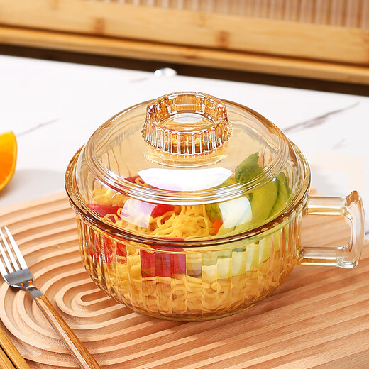 Detif instant noodle glass bowl with handle, anti-scalding, household ins high-looking, large-capacity transparent instant noodle bowl with lid, 1 pack, transparent color* instant noodle bowl, 70000cm L+ with lid (school season)