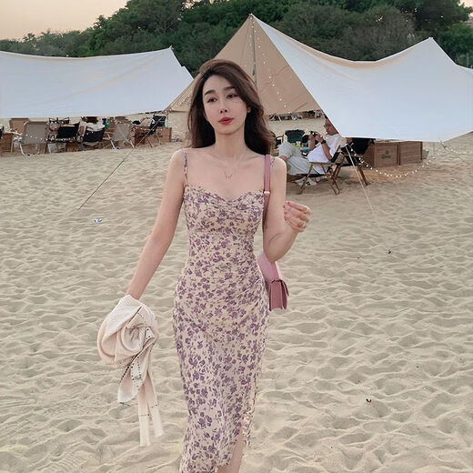 GOCHIEI2025 Women's Summer Outerwear Floral Suspender Dress Temperament Sleeveless Floral Skirt Slim Sexy Long Dress Fashionable Brown XL Recommended 118-135 Jin Jin equals 0.5 kg