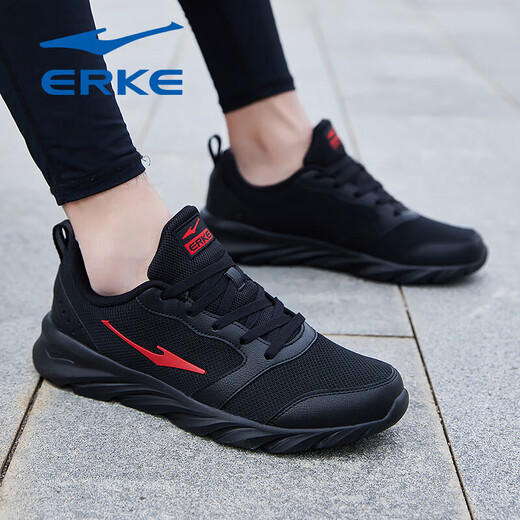 鸿星尔克男鞋2025新款冬季透气网面运动鞋男士软底减震休闲鞋轻便跑步鞋子 正黑/大红（网面四季款）3291 42