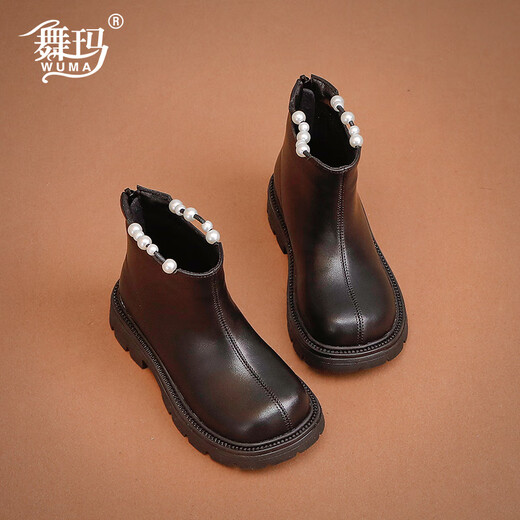 Wuma Bottes pour filles Bottes courtes princesse pour enfants en cuir véritable 2025 Nouvel hiver Bébé en peluche Martin Bottes Filles Deuxième chaussures en coton Noir Deuxième coton Taille 34 La longueur intérieure de la chaussure est d'environ 21,7 cm