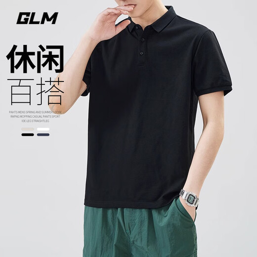 GLM短袖t恤男透气夏季翻领polo衫速干T恤冰丝感休闲运动上衣黑色XL