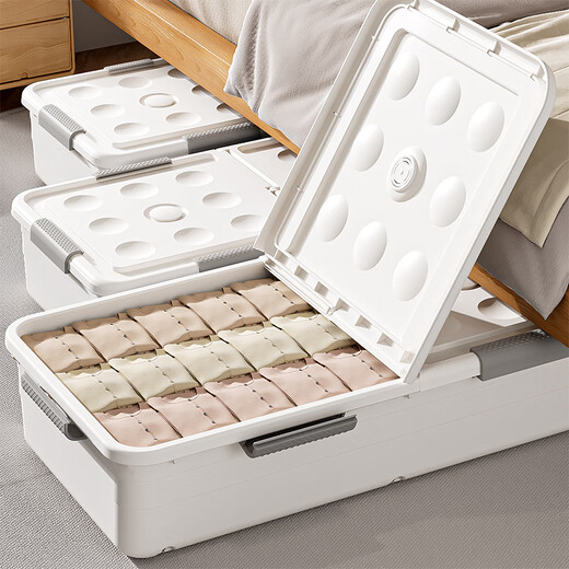 Yunduo under-bed storage box household flat pulley-type clothes storage box under bed storage box storage box length 100 width 52 height 25CM fixed buckle style - blue transparent upgrade