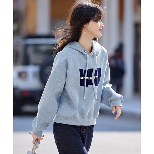 Shangjing Letter Color Block Hooded Sweatshirt Women's 2025 Autumn New Loose Casual Versatile Drawstring Top Blue L