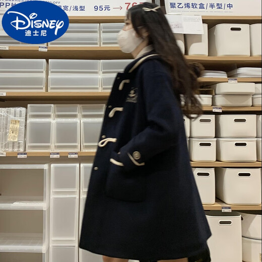 迪士尼（Disney）女大童学院风毛呢外套加棉加厚12-15岁高初中学生牛角扣呢子大衣 杏色 S码建议70-90斤
