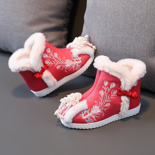 Ruiyang Winterschuhe, Kinder-Hanfu-Schuhe, Samt-Baumwollschuhe, bestickte Mädchenschuhe im Ethno-Stil, Neujahrsschuhe im antiken Stil, kurze Babystiefel, A5213 rosa, Größe 31/Innenlänge 19,0 cm