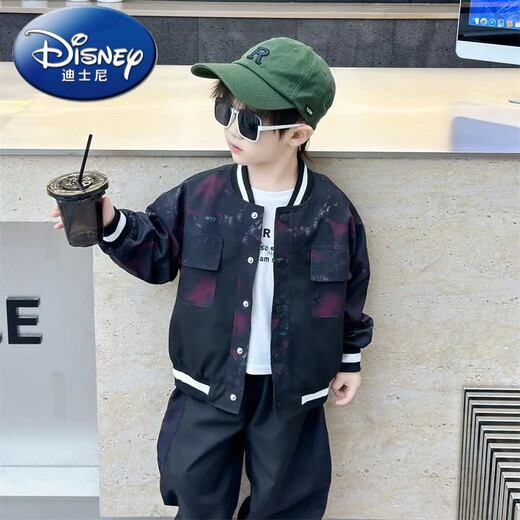 Disney (Disney) boys' autumn handsome baseball uniform suit new small and medium-sized children's street spring and autumn jacket sports two pieces black 150 yards