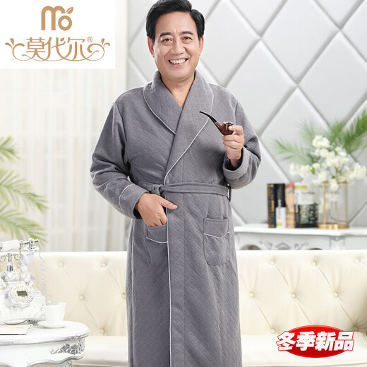莫代尔夹层秋冬季男士睡袍中老年纯棉加厚长款冬天大码保暖中年爸爸睡衣 A1048-三层加厚夹棉睡袍-内外全棉都不起球 L (160) -