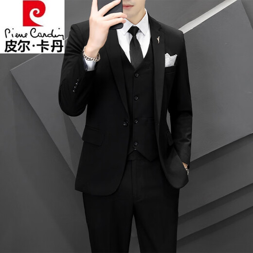Pierre Cardin casual suit men's Korean business formal three-piece suit groomsmen wedding dress small suit jacket light gray suit + pants + shirt belt tie XL