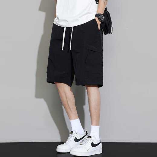 Trueves shorts men's summer thin ice silk cool five-point casual pants men's youth loose straight work medium pants DK701 black 2XL