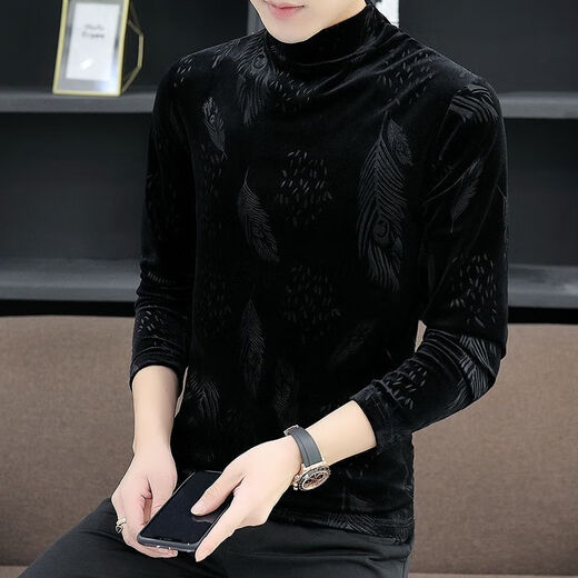 NUKM金丝绒男士长袖T恤秋冬季半高领打底衫潮流帅气潮保暖加绒加厚潮 黑色 2XL 135-150斤左右