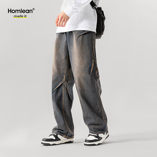 Homlean washed retro jeans men's spring and summer American loose pleated design straight long pants HS04 retro blue XL