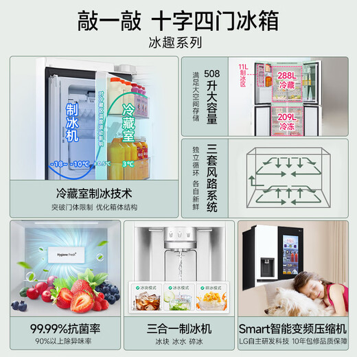 LG Knock Knock Series 508L Cross Door Refrigerator Fully Automatic Ice Maker Large Capacity Refrigerator Variable Frequency Air Cooling Frost-Free Perspective Window F544MEH85D National Subsidy