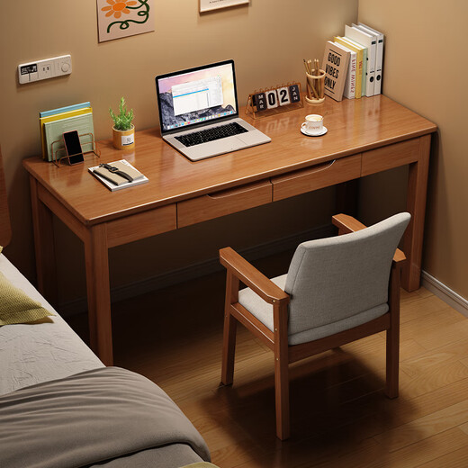 Weibosi solid wood desk and chair combination home office desk simple computer table small apartment living room bedroom study desk walnut color single table imported solid wood 100x55x75cm double drawers