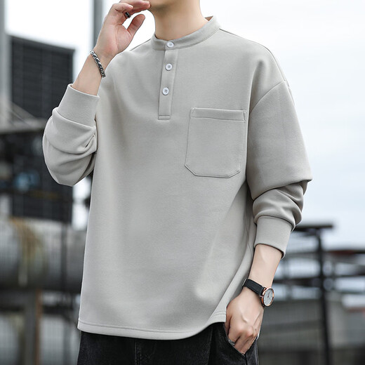 Cotton sweatshirt men's autumn and winter American retro Henry collar long-sleeved T-shirt bottoming shirt comfortable top men's Khaki M