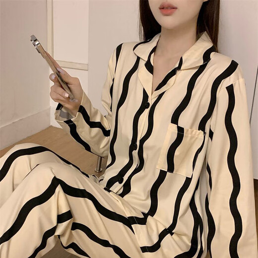 Bo Na Ling couple's pajamas for one man and one woman, summer and autumn cardigan, long-sleeved trousers, casual lapels, winter wearable home clothes set, wavy pattern couple's pajamas, black men's XL