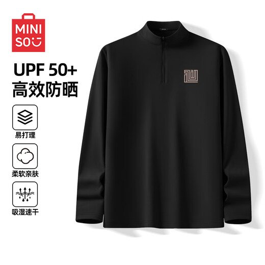 MINISO quick-drying T-shirt men's spring and autumn new long-sleeved bottoming shirt half-zip stand-up collar sports outdoor running sun protection cycling jersey black (return seal body chest logo) M /170 (upgraded technology to absorb moisture and dry quickly)