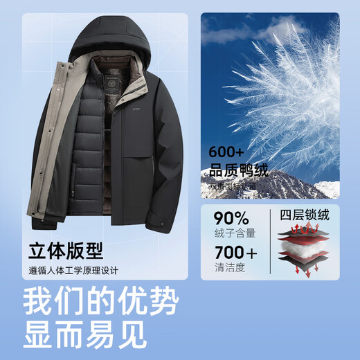 鸭鸭（YAYA）一衣三穿可拆连帽羽绒服男士冬季新款中青年加厚活面内胆短款外套