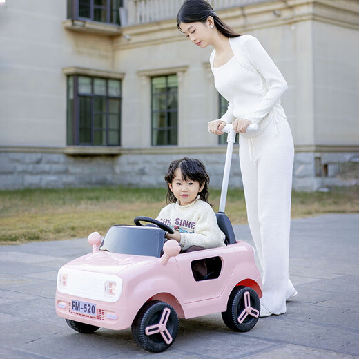 Cool baby electric car for children, four-wheel remote control car, toy car that can seat men, women and children, sliding baby rechargeable stroller, Maca powder, push rod + large battery + remote control, mobile phone Bluetooth, early childhood education music