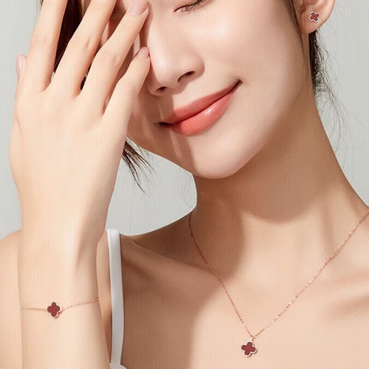 Givenchy light luxury 18K gold four-leaf clover necklace women's rose gold jewelry birthday gift for girlfriend and wife 18K gold four-leaf clover necklace (red agate)