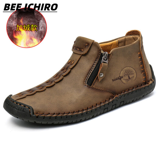 BEE ICHIRO men's Martin boots genuine leather soft sole non-slip high-top work boots breathable and wear-resistant military boots versatile casual shoes men's shoes 6625 khaki plus velvet 43