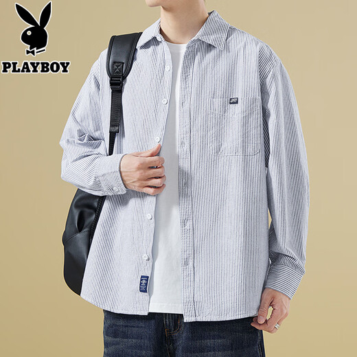Playboy spring and autumn pure cotton light blue vertical striped long-sleeved shirt men's trendy loose casual handsome shirt jacket men's gray XL weight recommended 135-150Jin Jin equals 0.5 kg