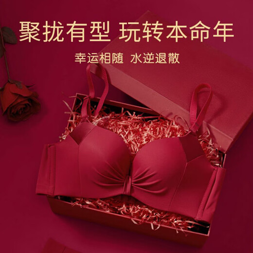 Maohuo Thin Year of the Horse Underwear Without Wires Push-Up Small Breasts Wedding Year of the Year Red Bra Set Valentine's Day Gift for Women Red Gift Box 75B =34B
