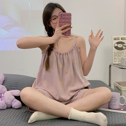 山头林村条纹圆点吊带短裤睡衣女款夏季天薄款带胸垫新款性感家居服可外穿 AF9207 小云朵 套装 固定胸垫 M